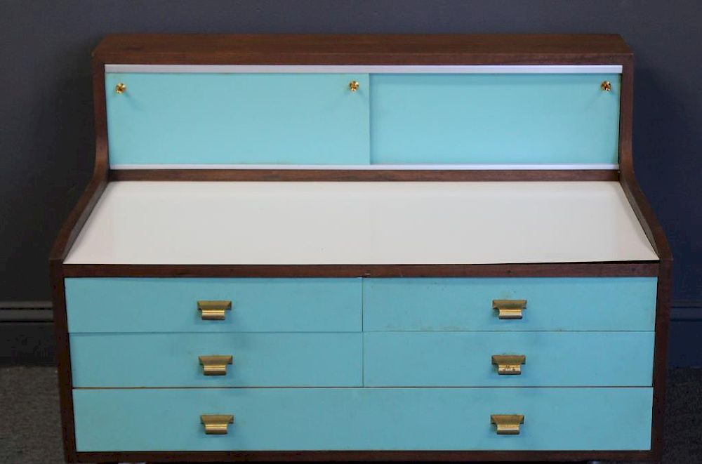 MIDCENTURY Laminated and Teak Desk on Wheels power blue and