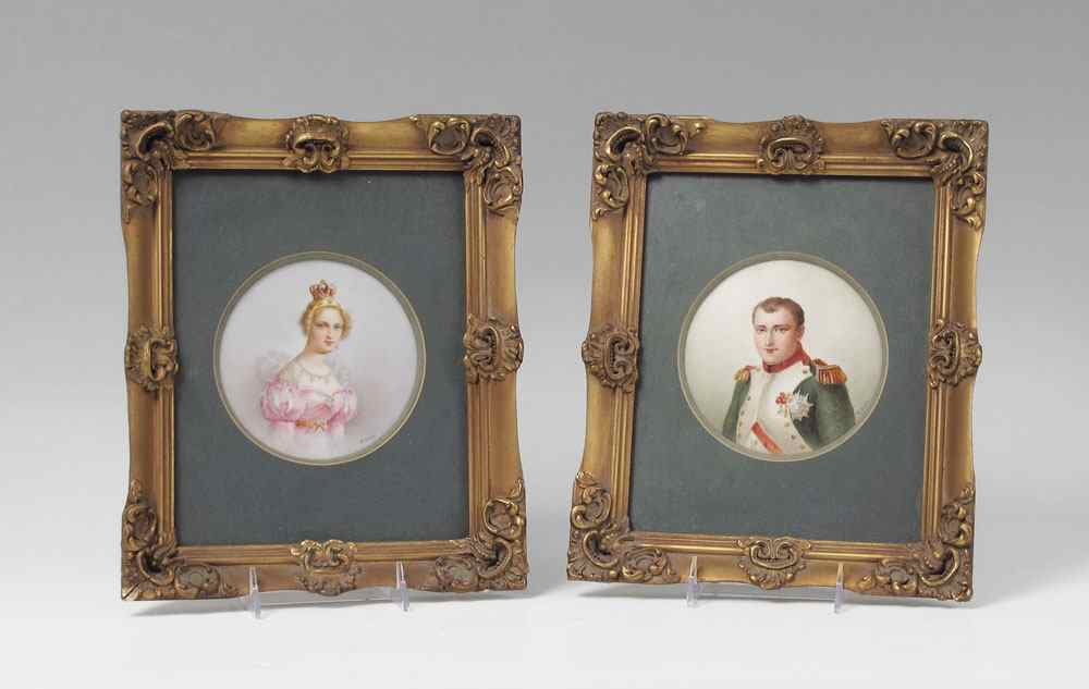 O BRUN PORTRAITS ON PORCELAIN OF NAPOLEON AND ROYAL WOMAN