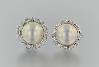 A Pair of Mabe Pearl and Diamond Earrings 14k white