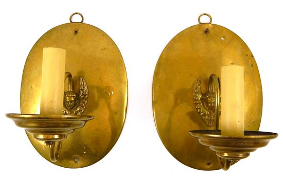 Pair early 20th C electrified brass single light wall sconces