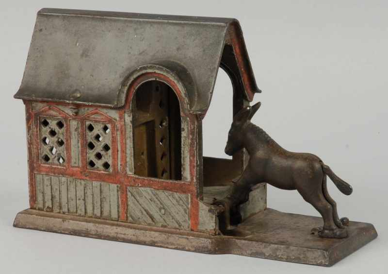 Cast Iron Mule Entering Barn Mechanical Bank Description Manufactured by