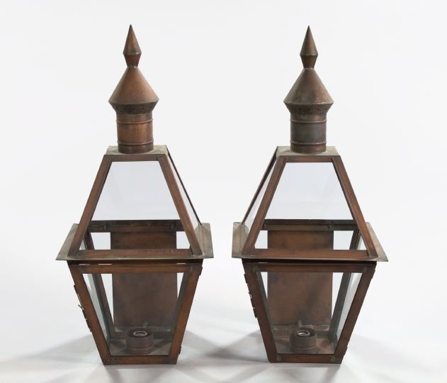 Large Pair of Colonial Style Copper Outdoor Lanterns each with