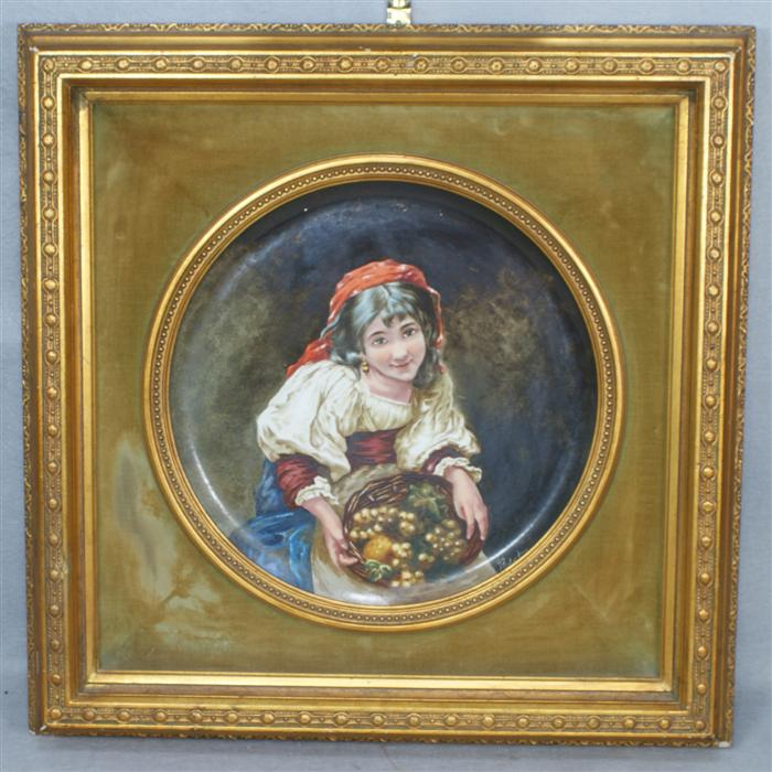 French earthenware plaque Young Girl with Basket of Fruit signed