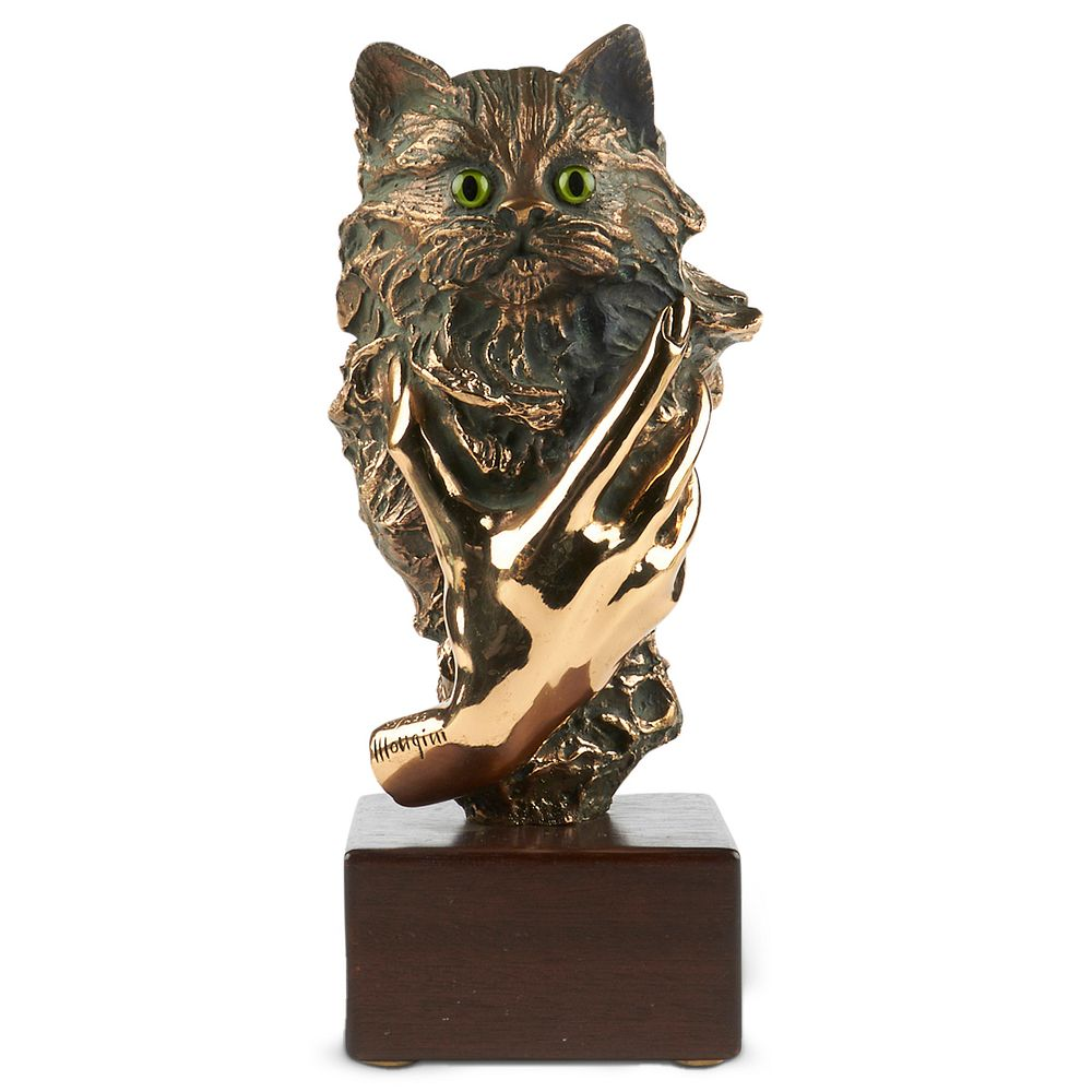 Costanzo Mongini Cat with Hand Bronze Sculpture Costanzo Mongini Italian