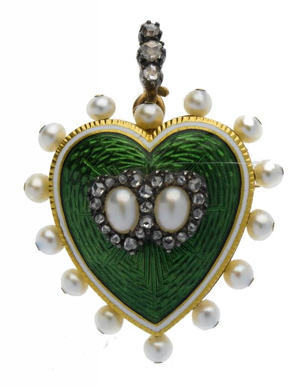 A DIAMOND SEED PEARL GOLD AND EMERALD GREEN GUILLOCHE ENAMEL