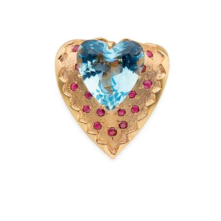 Gold Aquamarine and Ruby Heart Brooch Trabert Hoeffer Estimate 1