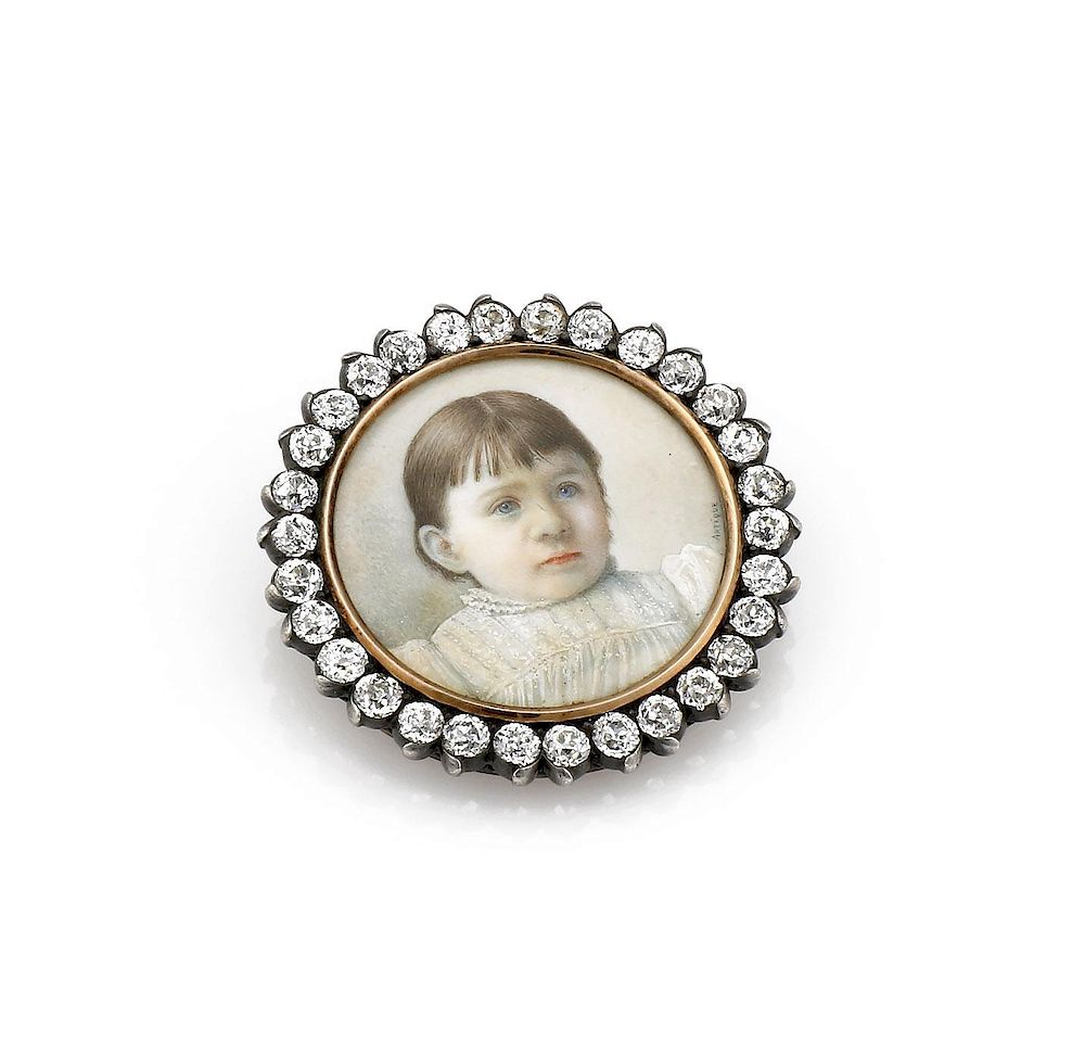 Antique Silver 14K YG Painted Portrait Diamond Brooch Antique 2