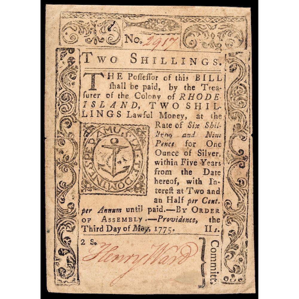 Colonial Currency Rhode Island May 3 1775 Two Shilling PMG