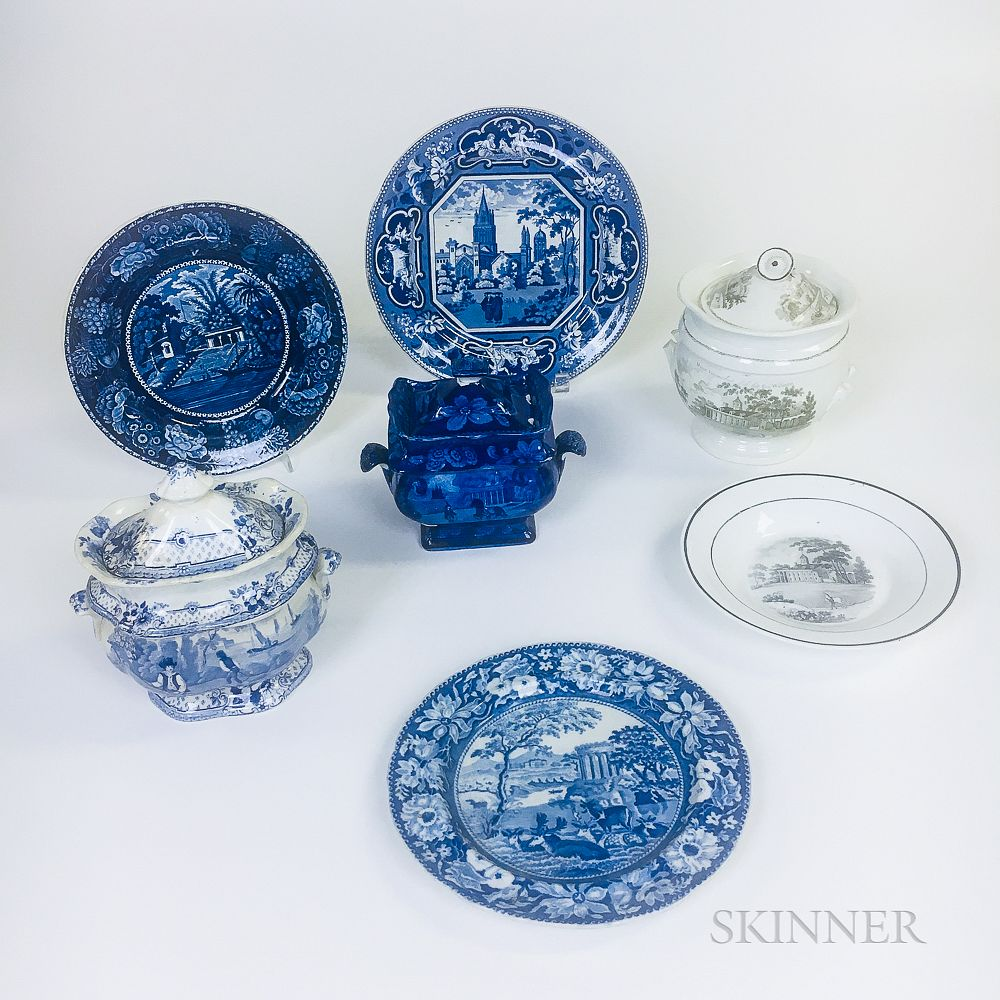 Seven Transfer decorated Ceramic Tableware Items Including Three Mount Vernon
