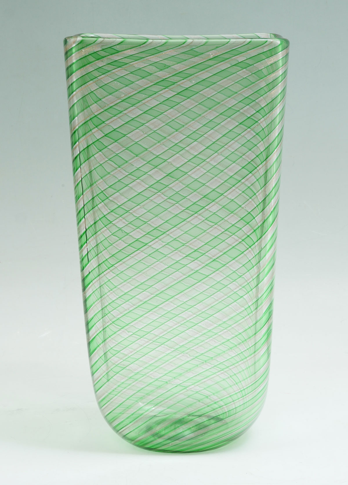 MURANO GREEN COPPER FLECK STRIPED VASE Rectangular Murano art glass