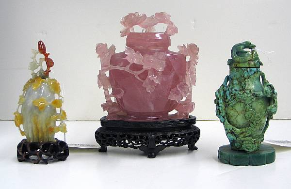 Three hardstone carvings Including a rose quartz covered vase with