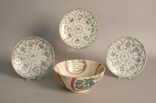 Pink luster bowl with transfer Sailors Farewell together with three