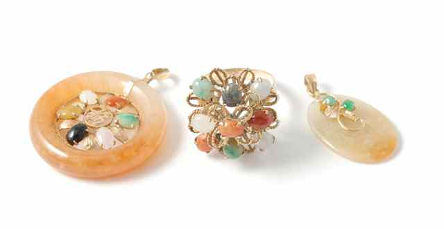 THREE ARTICLES OF MULTI COLOR JADE JEWELRY including two Chinese