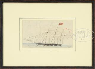 TWO SMALL NAUTICAL DRAWINGS 1 Unsigned watercolor of a three