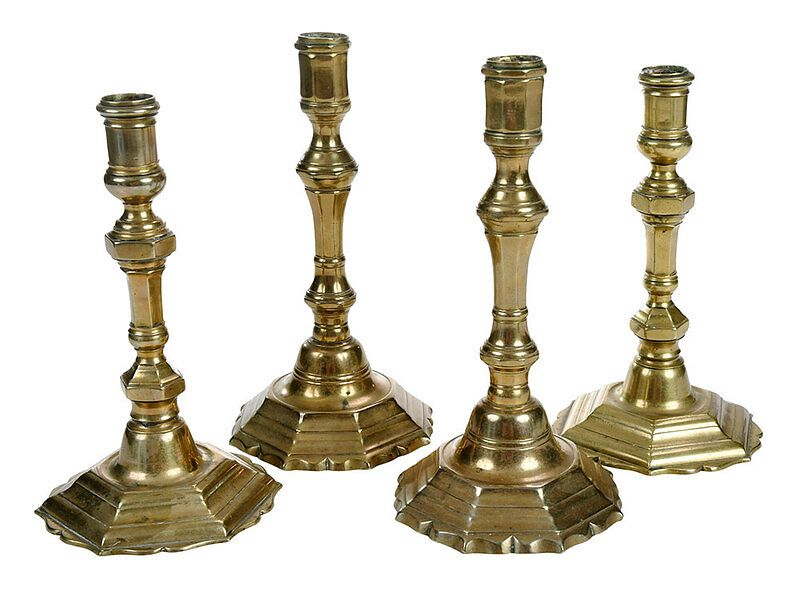 Two Pairs French Brass Candlesticks Continental probably French 18th century