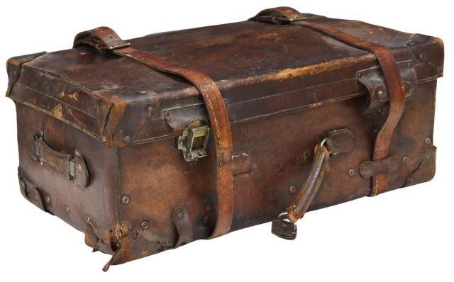 Leather travel trunk suitcase early 20th c having brass six