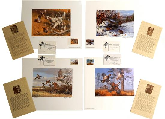Four International Quail Research Foundation stamp prints with corresponding 5