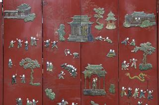 Chinese Red Six Panel Screen Chinese six panel stone overlay