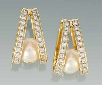 A Pair of Pearl and Diamond Earrings 14k yellow gold