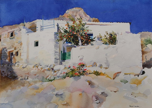 Stewart LowdonHouse Tilos Kastro behind watercolour signed 27cm x 38cm