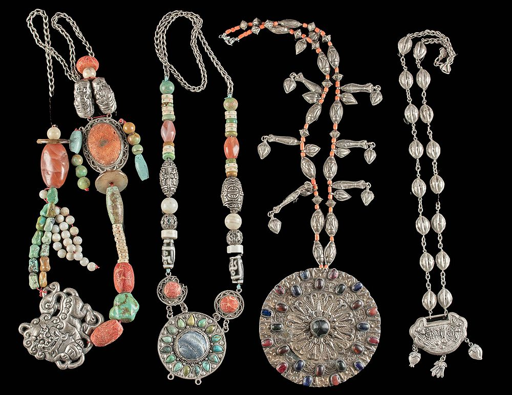 4 Vintage Tibetan Nickel Brass Silver Beaded Necklaces Central Asia
