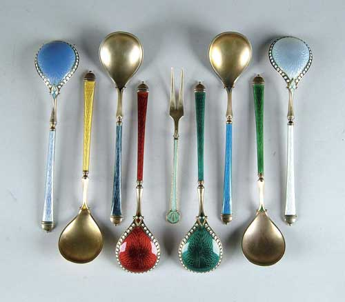LOT OF EIGHT ENAMELED STERLING SPOONS Scandinavian origin Each a