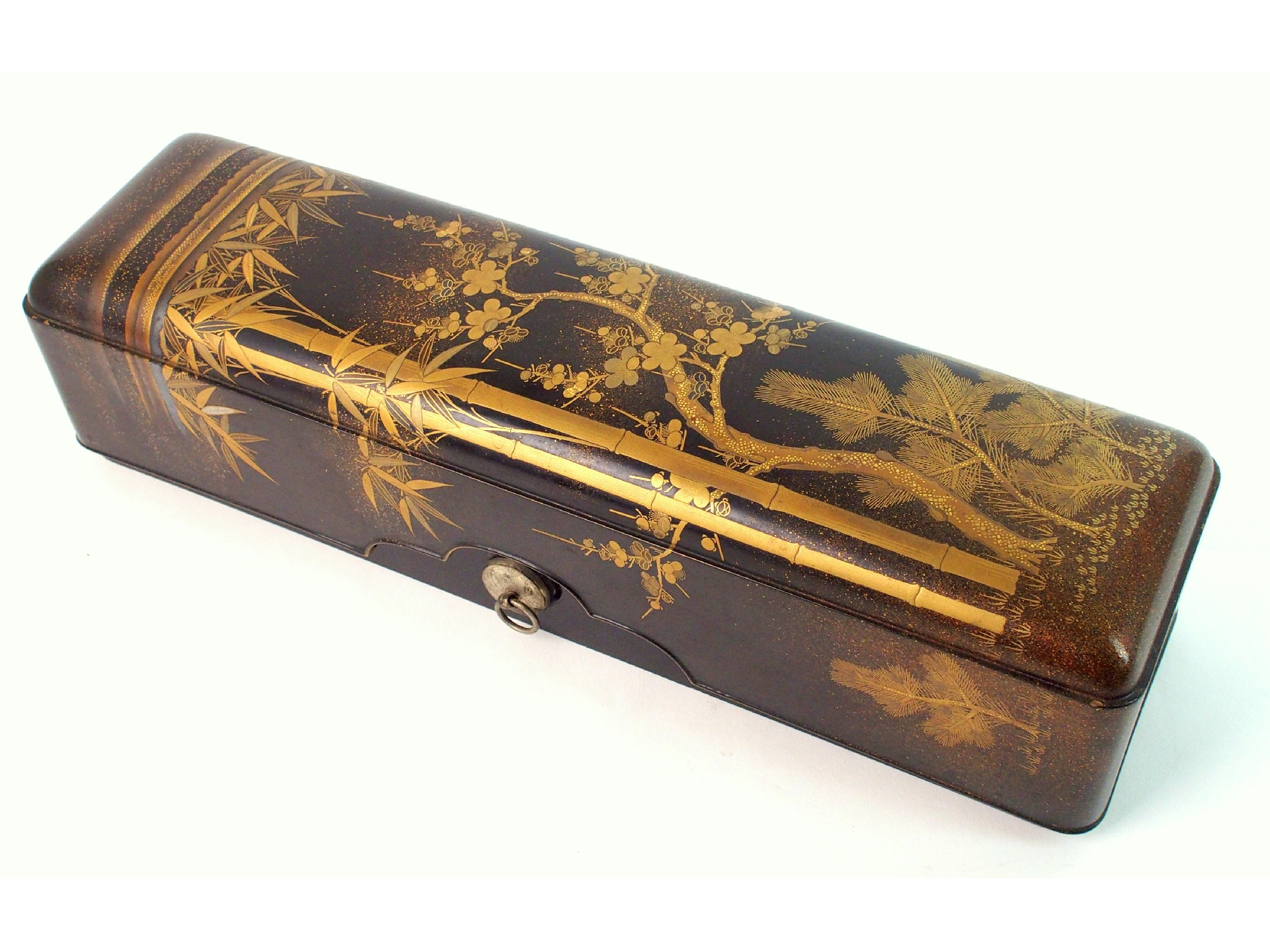 A Japanese black and gold lacquered scroll boxpainted with the