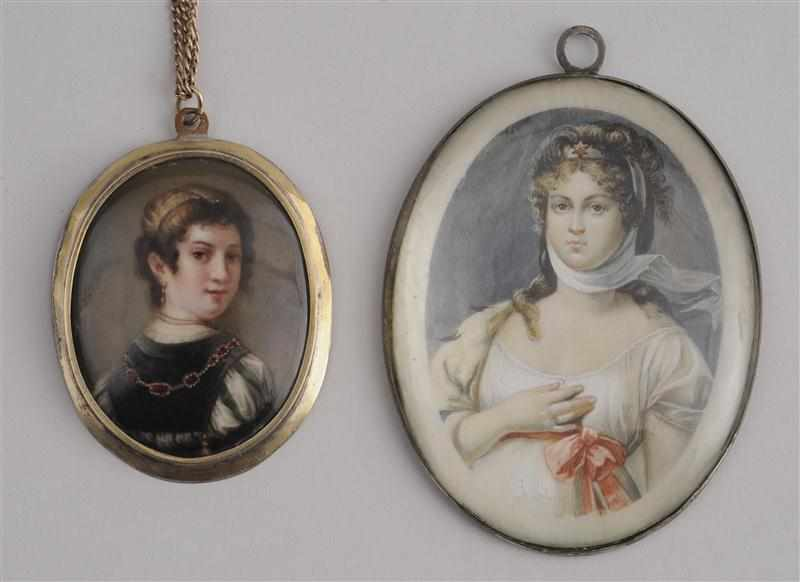 TWO OVAL PORTRAIT MINIATURES OF BEAUTIES The one watercolor on
