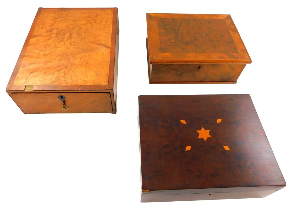 Three 19th C boxes including largest with birdseye figured maple