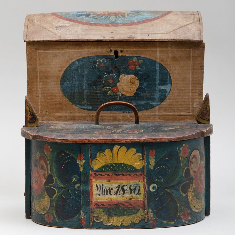 Two Scandinavian Polychrome Painted Wood Boxes The first a table