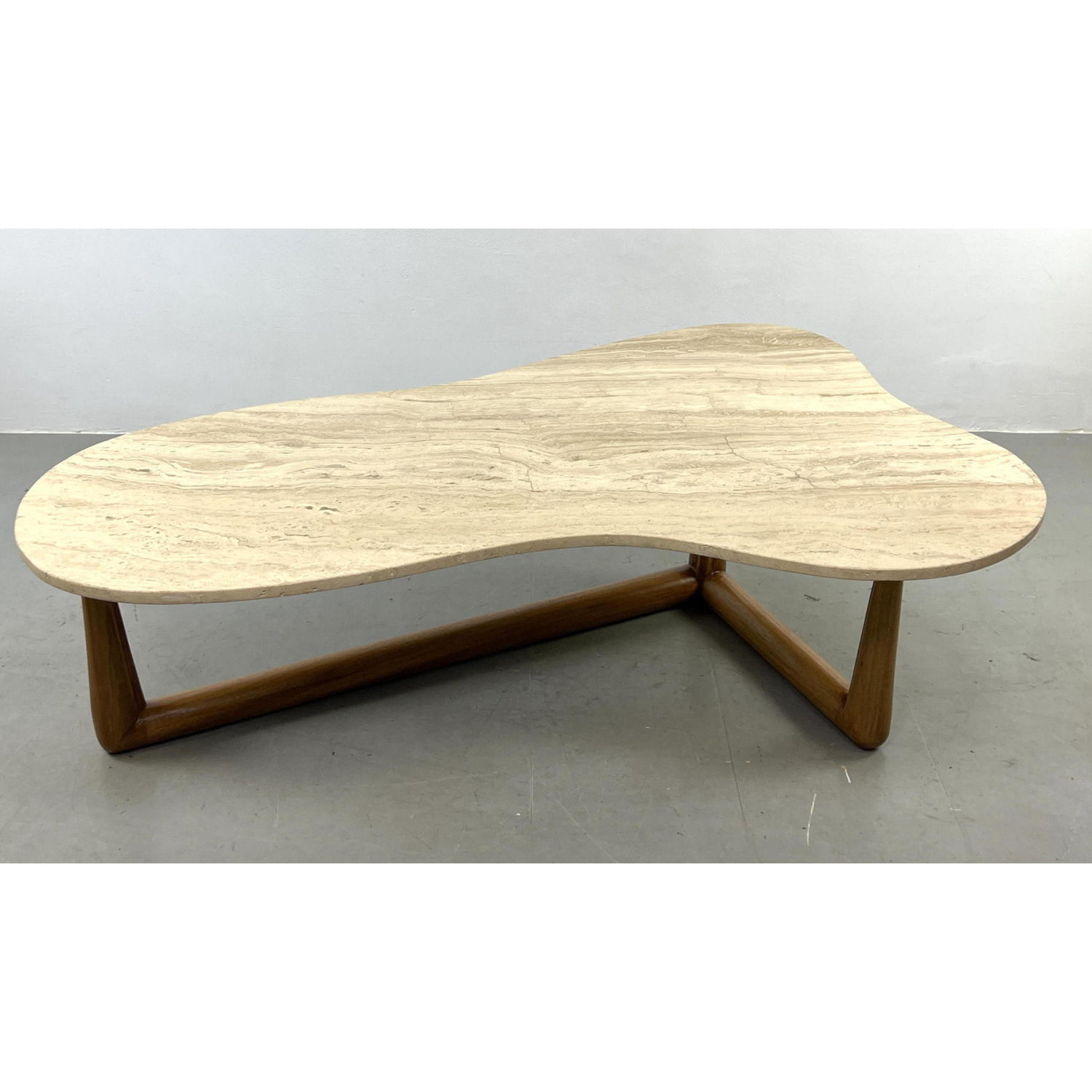 Robsjohn Gibbings style Travertine Marble Walnut Coffee Table Boomerang form