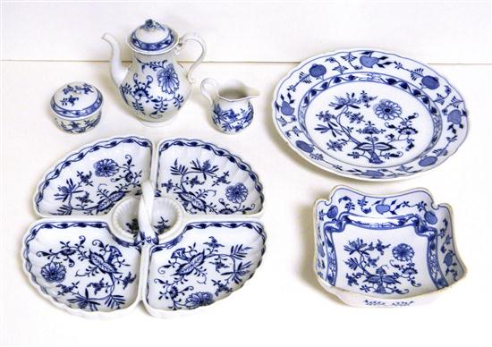 Meissen Blue Onion coffee pot sugar creamer and 13 dia