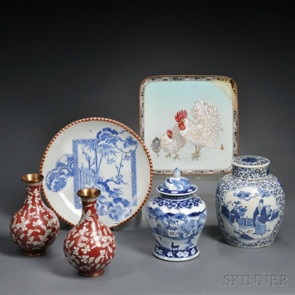 Six Miscellaneous Vessels Asia a Japanese cloisonne square platter depicting