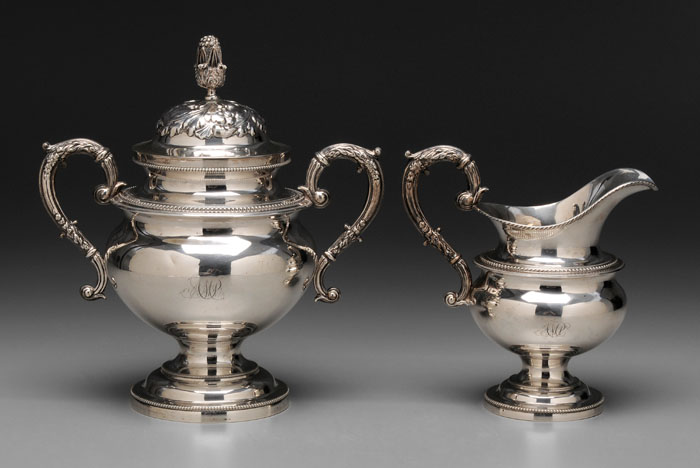 Philadelphia Coin Silver Creamer Sugar scroll handle bud finial beaded