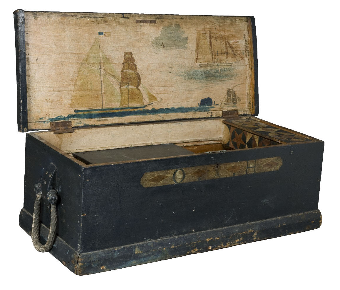 AMERICAN PAINTED SEA CHEST WITH ORIGINAL MACRAME BECKETS AND PAINTED