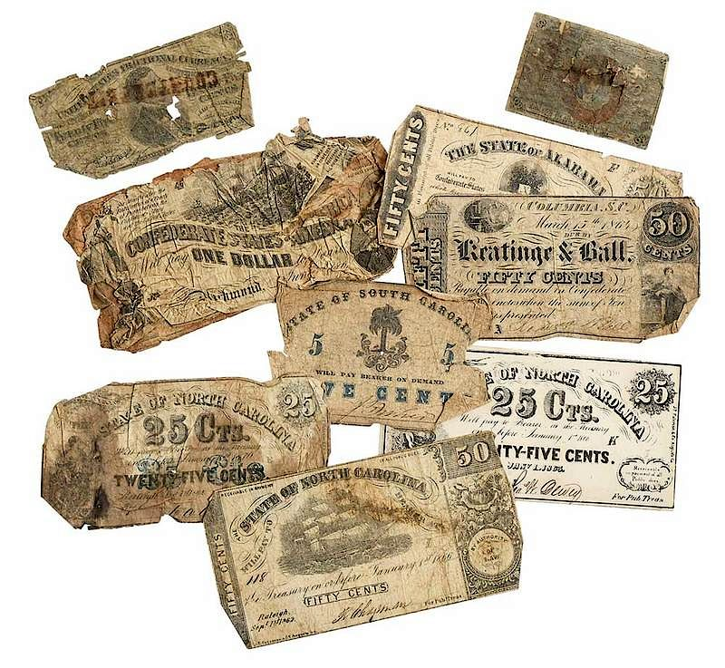 Over 100 Pieces of Southern Currency group of obsolete Southern