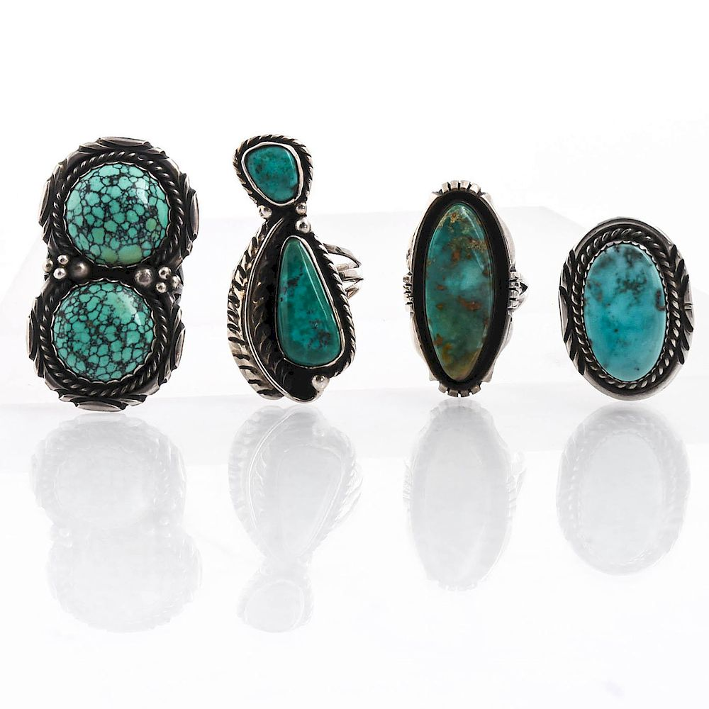 NATIVE AMERICAN SILVER AND TURQUOISE RINGS One ring with hallmarked