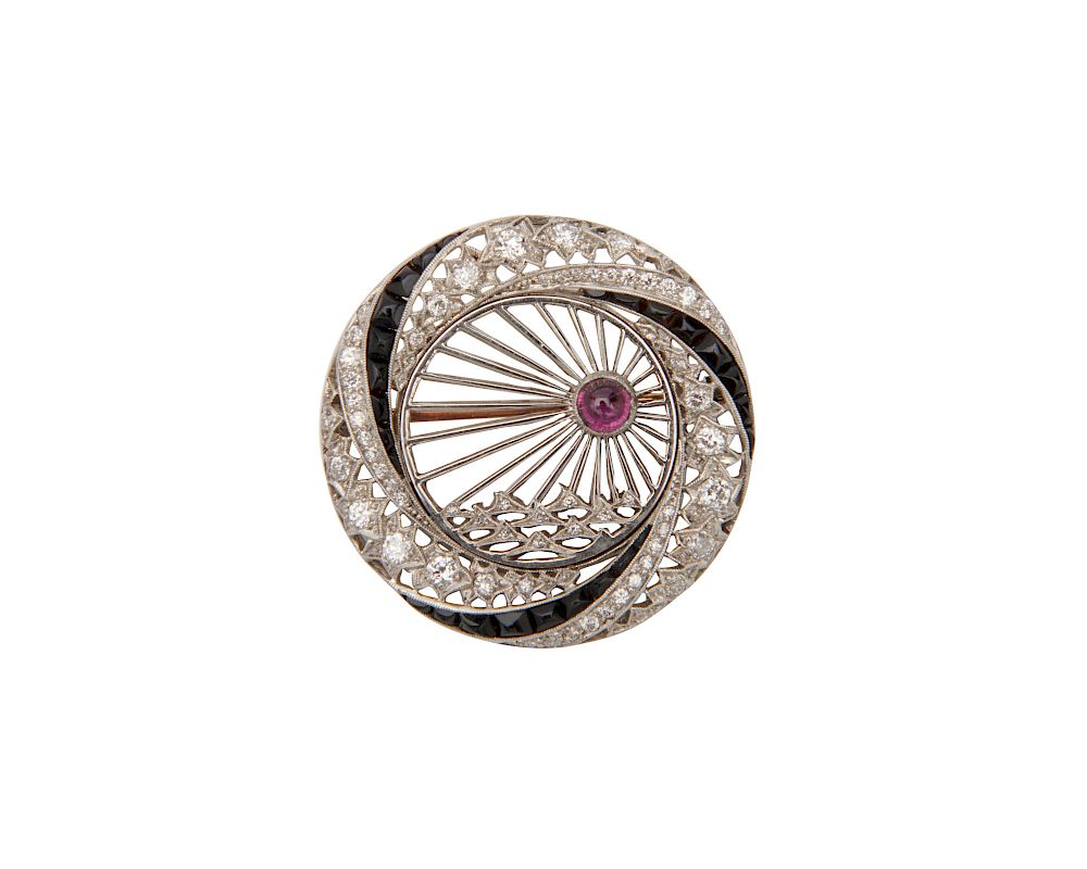 TIFFANY CO Platinum Diamond Onyx and Ruby Brooch TIFFANY CO