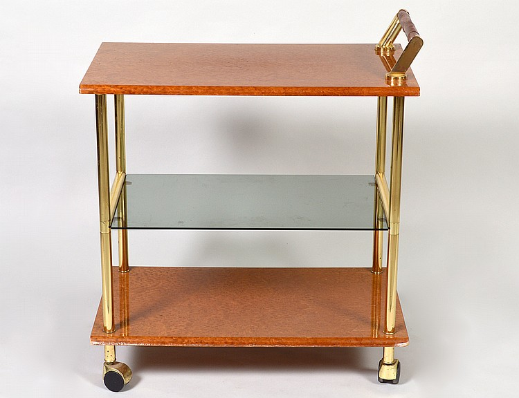 CONTEMPORARY BURL WOOD AND BRASS TROLLEYIn a mid century style
