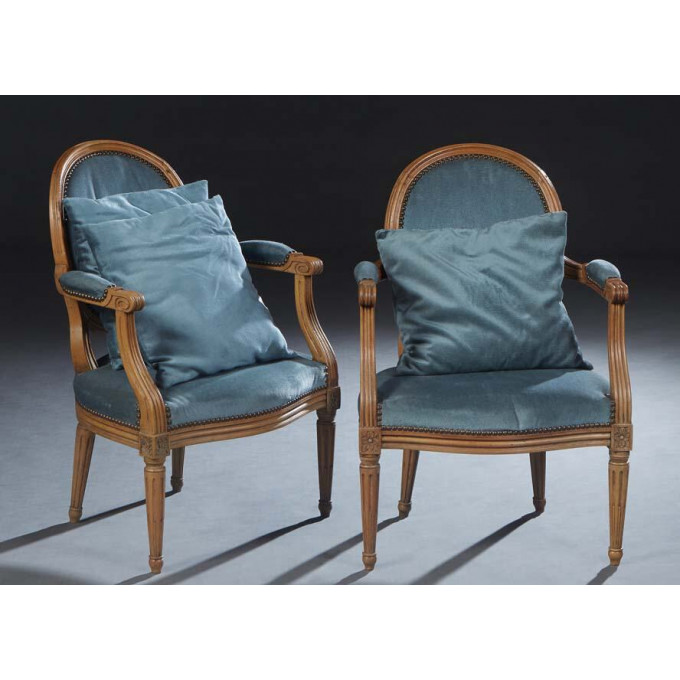 Pair of French Louis XVI Style Carved Polychromed Beech Fauteuils