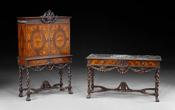 A Baroque style inlaid mahogany dining suite late 19th century