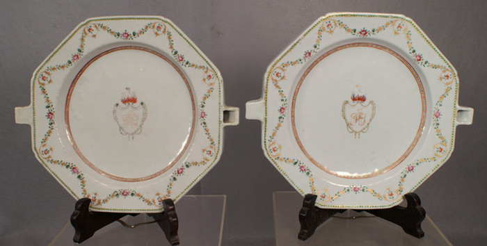 Pr of Chinese Export porcelain Armorial hot water dishes from