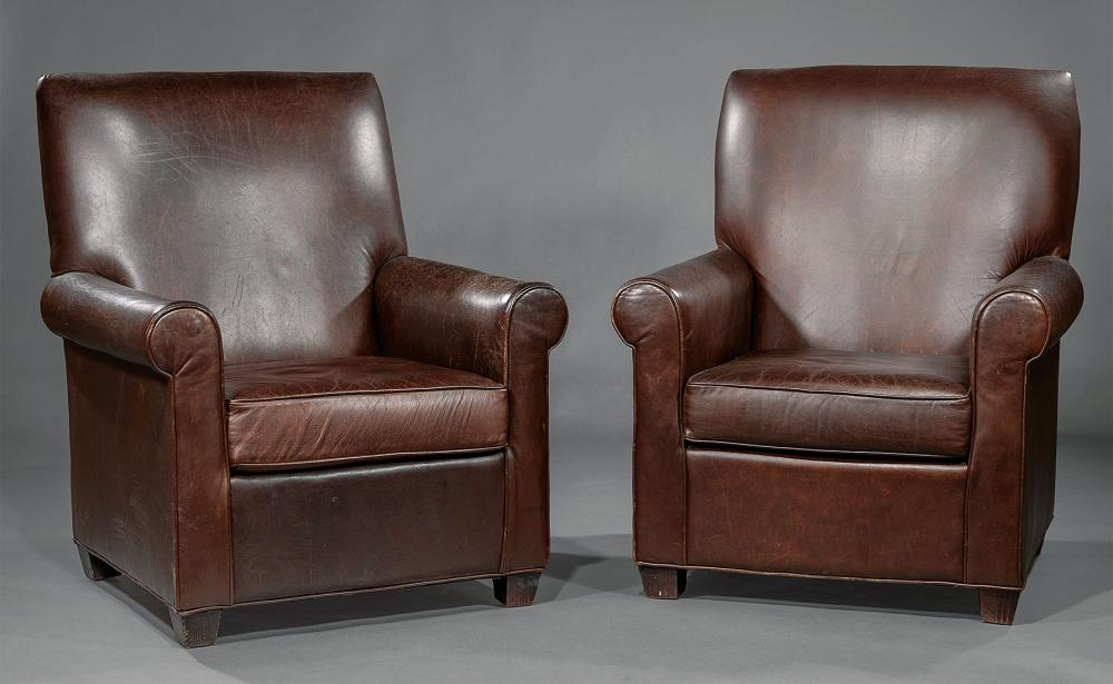 Pair of American Leather Club Chairs 20th c high backs