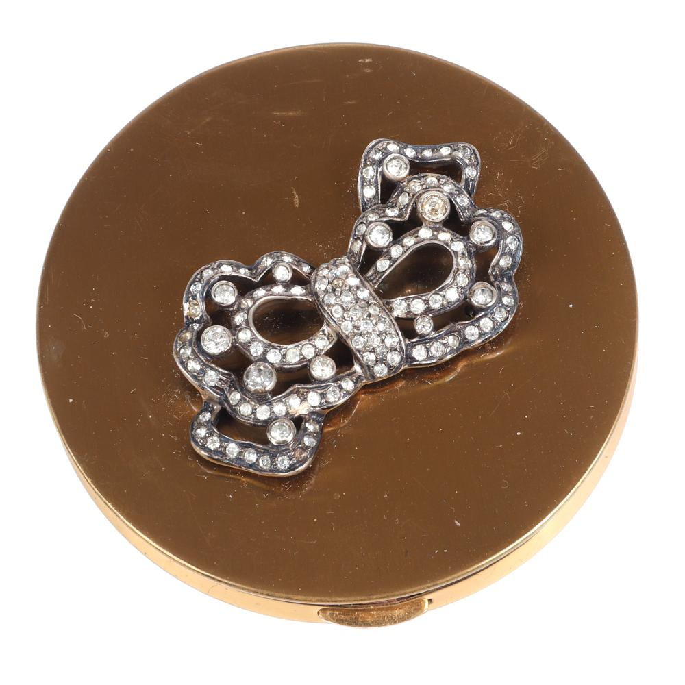 EISENBERG ORIGINAL ROUND GOLD TONE COMPACT WITH RHINESTONE BOW WITH