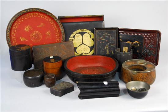 LARGE COLLECTION OF MISCELLANEOUS JAPANESE CARVED AND POLYCHROMED WOOD COVERED