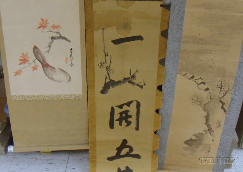 Three Japanese Scrolls depicting vegetables a mountain and village scene