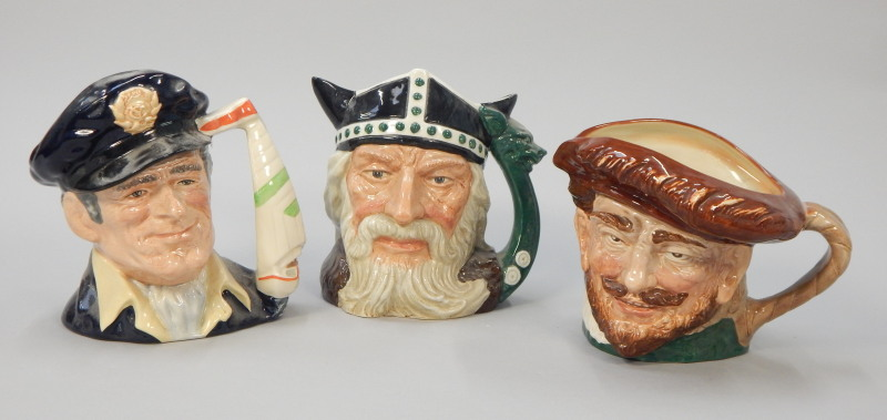 Three large Royal Doulton character jugs Yachtsman Viking and Drake