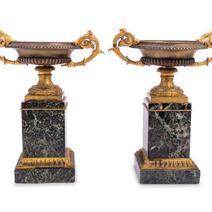 A Pair of Continental Gilt Bronze and Marble Tazze Ornaments