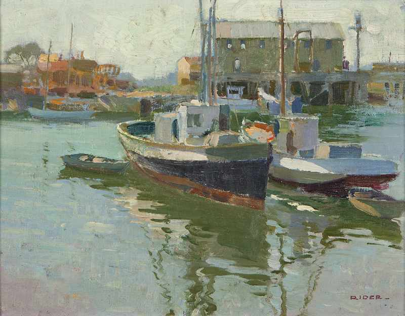 Resting boats in a harbor oil on canvas laid to