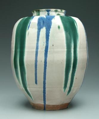 Large Japanese pottery vase ovoid with flat shoulders blue and